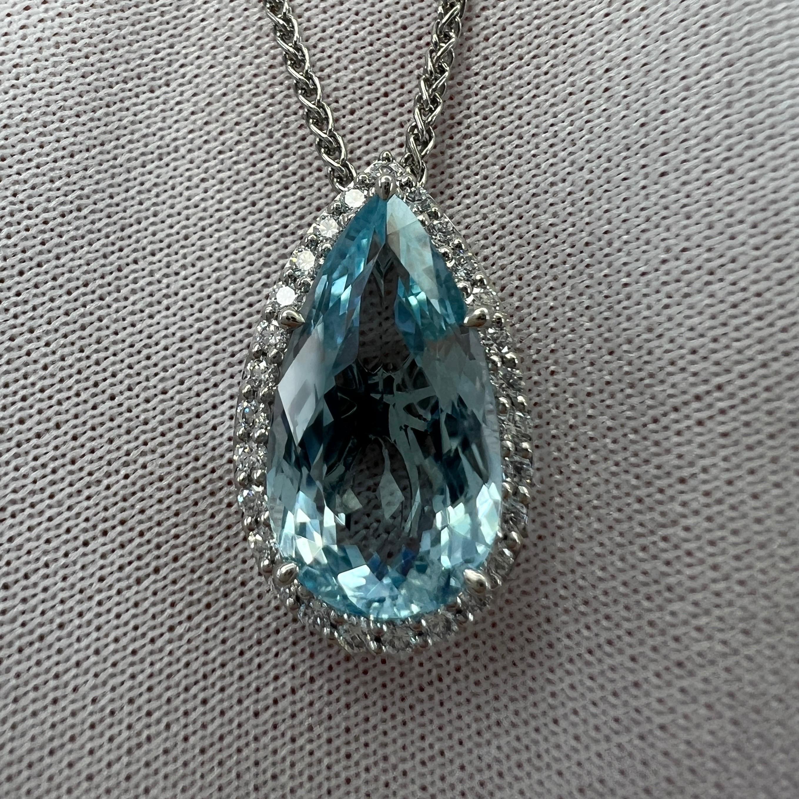 4.17ct Fine Blue Pear Cut Aquamarine Diamond 950 Platinum Halo Pendant Necklace en vente 4