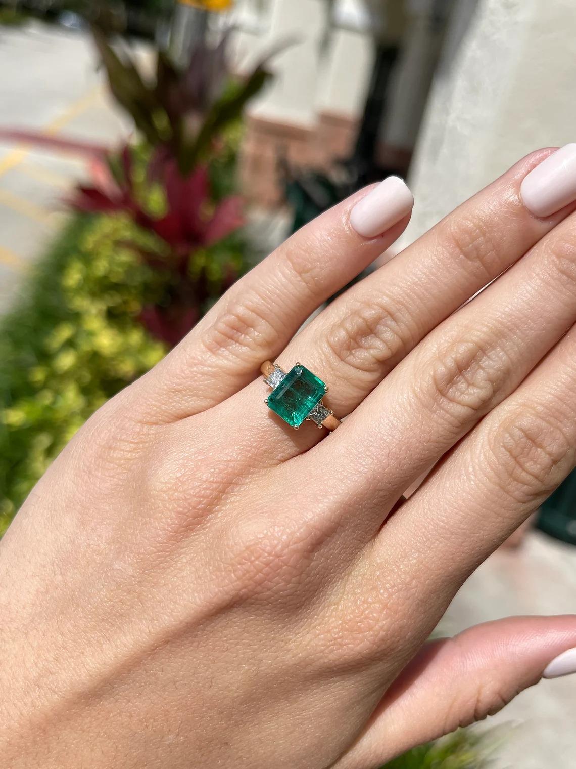 Modern 4.17tcw 14K Natural Emerald-Emerald Cut & Princess Cut Diamond Three Stone Ring For Sale