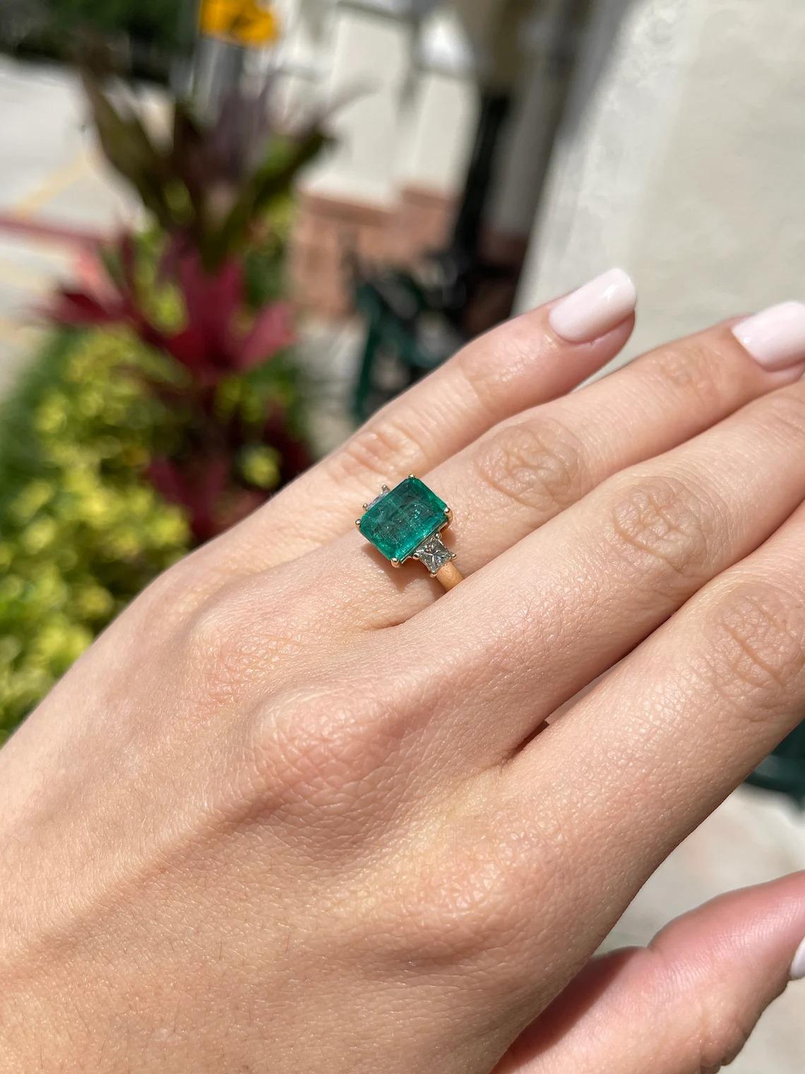 4.17tcw 14K Natural Emerald-Emerald Cut & Princess Cut Diamond Three Stone Ring In New Condition For Sale In Jupiter, FL