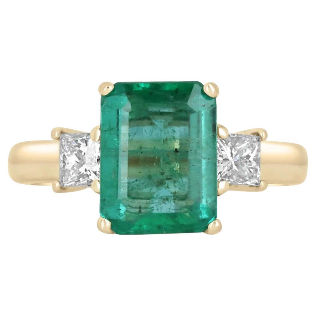 4.17tcw 14K Natural Emerald-Emerald Cut & Princess Cut Diamond Three Stone Ring