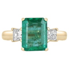 4.17tcw 14K Natural Emerald-Emerald Cut & Princess Cut Diamond Three Stone Ring