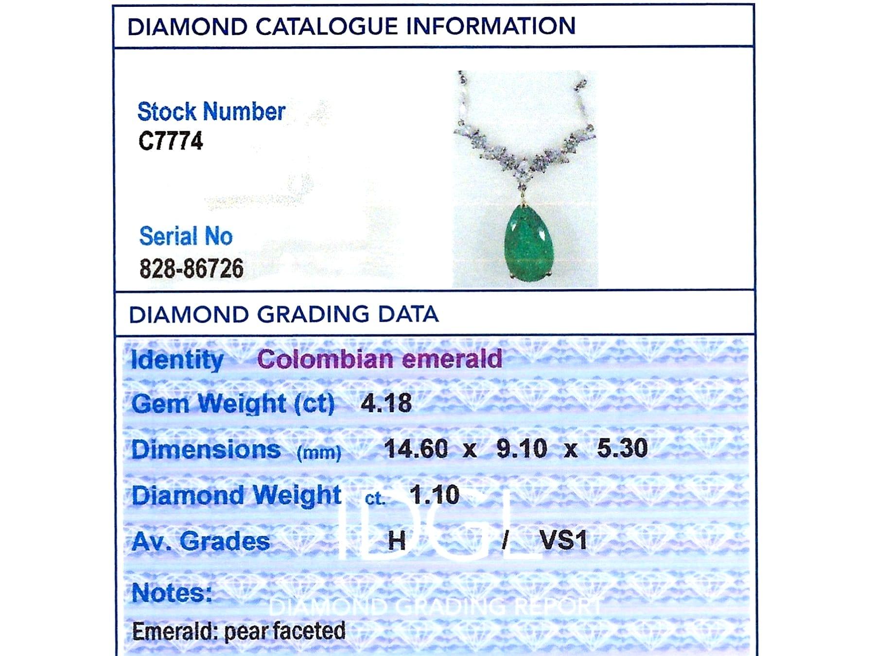 4.18 Carat Colombian Emerald and Diamond Yellow Gold and Platinum Necklace For Sale 6