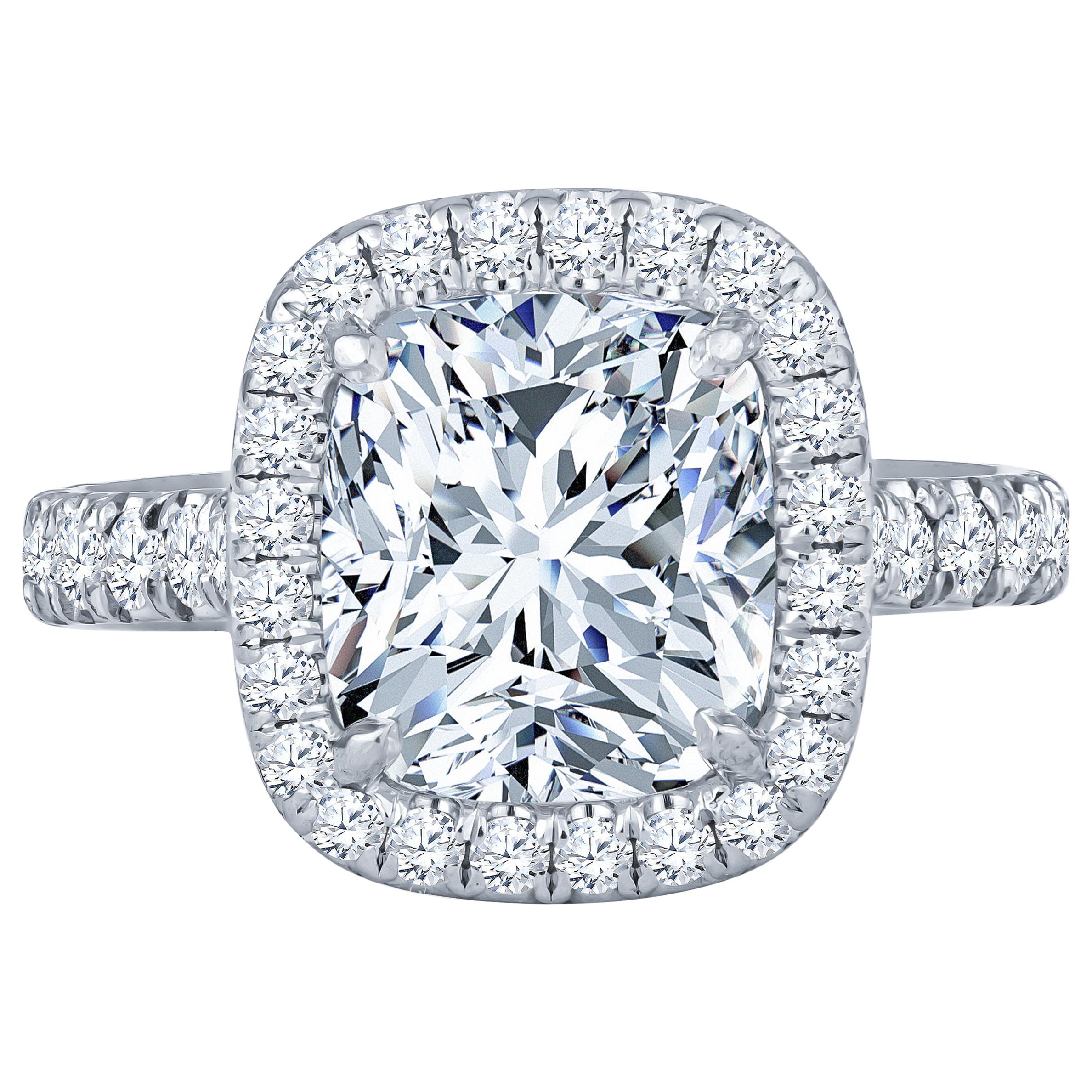 4.18 Carat Cushion Cut Natural Diamond Platinum Halo Ring H SI1 GIA Certified