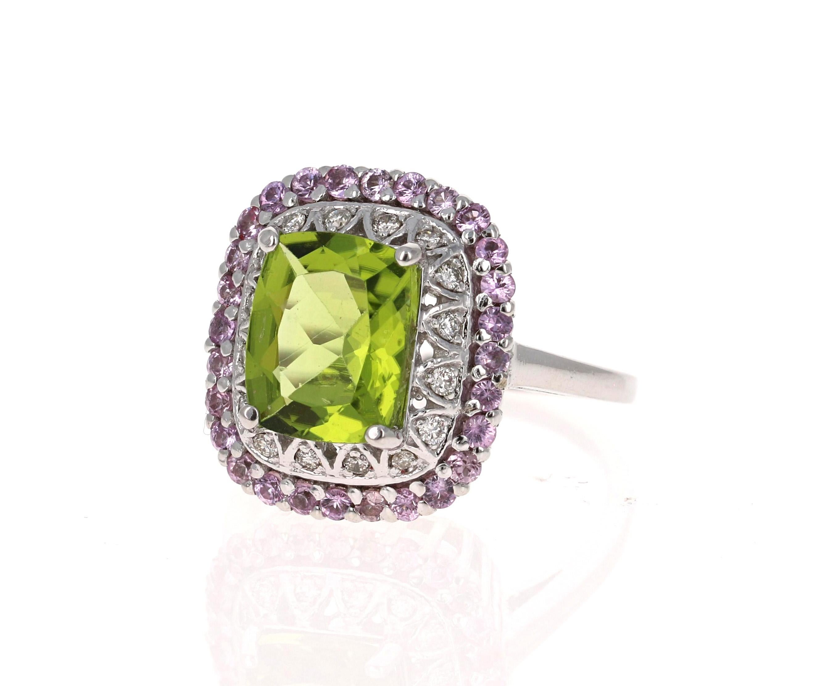 Modern 4.18 Carat Cushion Cut Peridot Sapphire and Diamond 14 Karat White Gold Ring For Sale