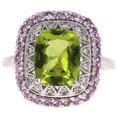 4.18 Carat Cushion Cut Peridot Sapphire and Diamond 14 Karat White Gold Ring
