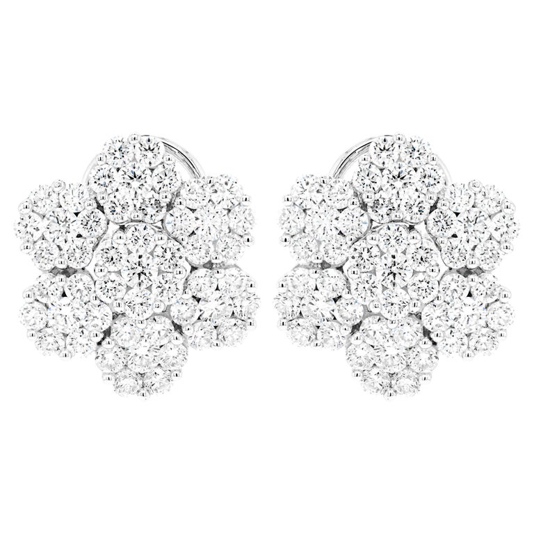 4.18 Carat Diamond 18 Carat White Gold Flower Cluster Stud Earrings For