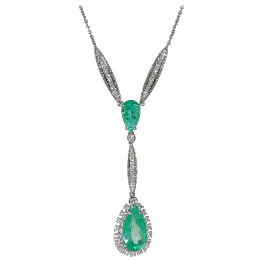 4.18 Carat Emerald with .60 Carat Diamond Pendant Necklace, 18 Karat