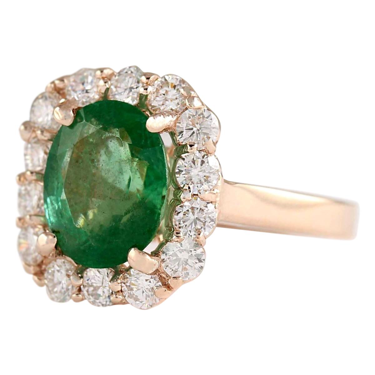 4.18 Carat Natural Emerald 14 Karat Rose Gold Diamond Ring
Stamped: 14K Rose Gold
Total Ring Weight: 6.3 Grams
Total Natural Emerald Weight is 3.13 Carat (Measures: 10.00x8.00 mm)
Color: Green
Total Natural Diamond Weight is 1.05 Carat
Color: F-G,