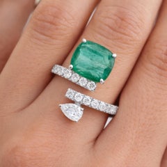 4.18 TCW Emerald Diamond Bypass Wrap Ring 14k White Gold