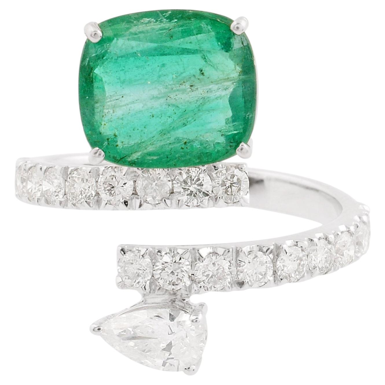 4.18 CTW Zambian Emerald Diamond Bypass Wrap Ring 18 Karat White Gold