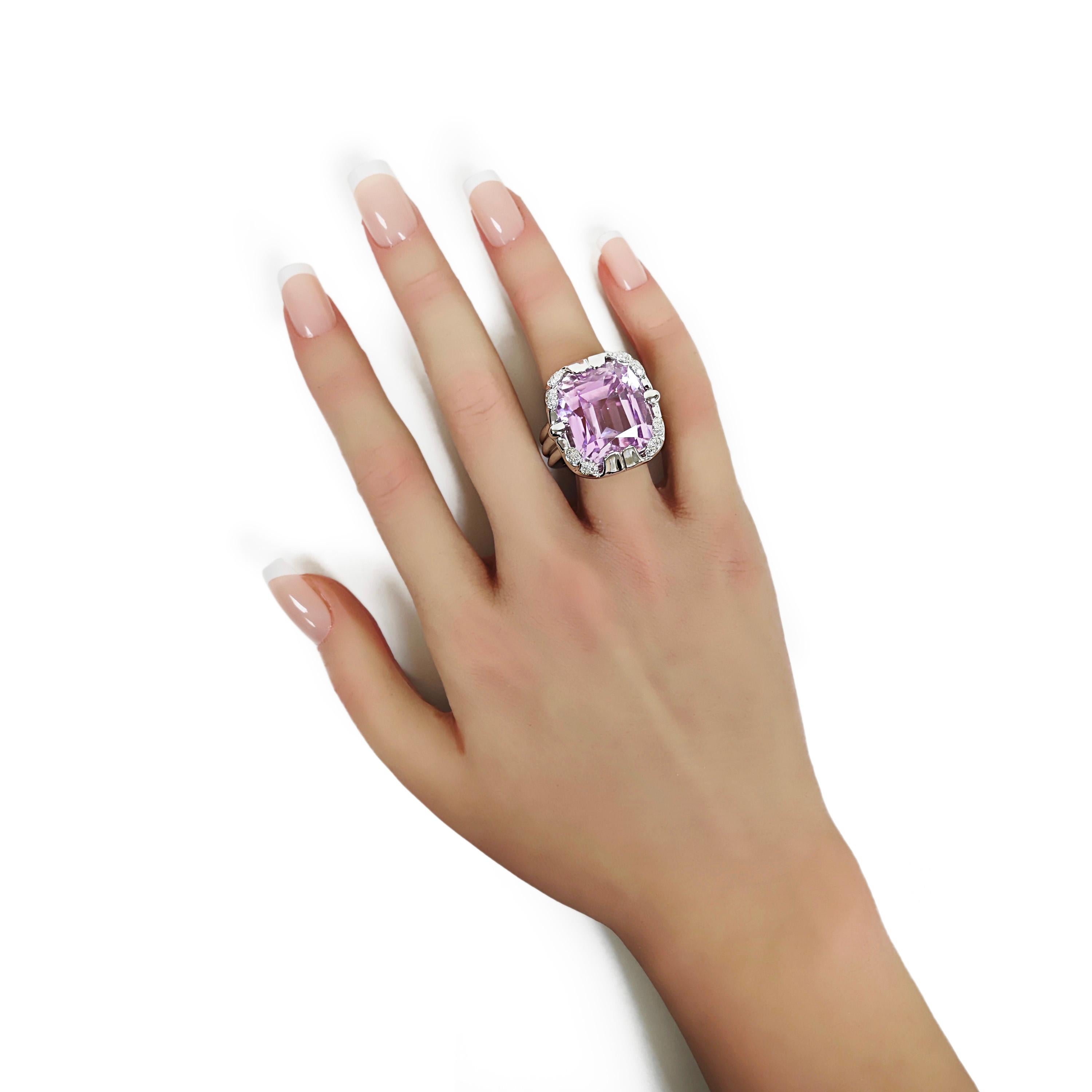 Cushion Cut 41.89 Carats Kunzite and Diamond White Gold Cocktail Ring For Sale