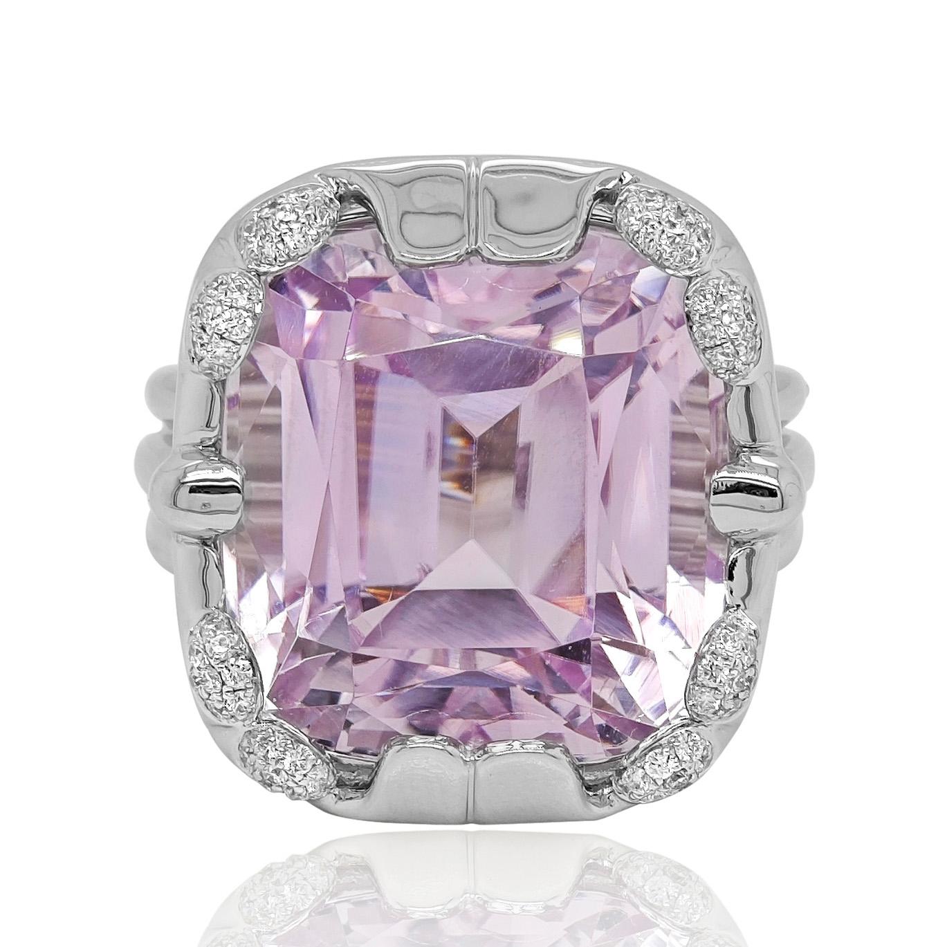 Women's 41.89 Carats Kunzite and Diamond White Gold Cocktail Ring For Sale