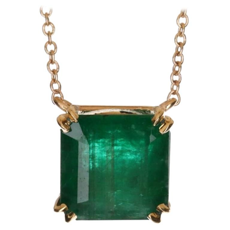 4.18ct 14K Emerald Solitaire Necklace, Emerald Cut Gold Necklace