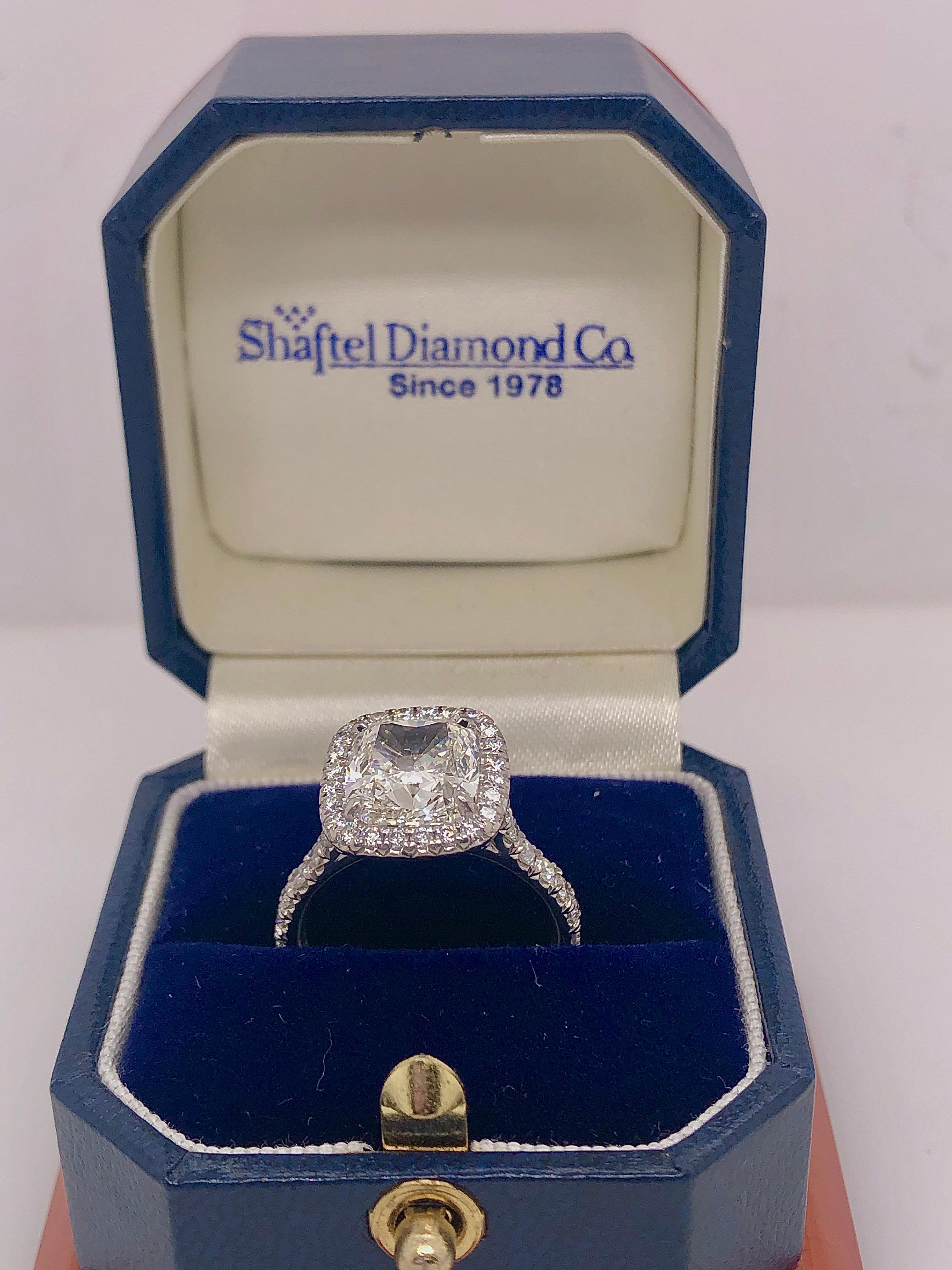 4.18 Carat Cushion Cut Natural Diamond Platinum Halo Ring H SI1 GIA Certified 4