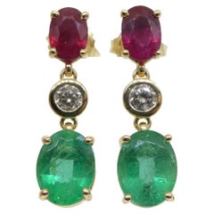 4.18ct Emerald, 2.19ct Ruby and 0.31ct Diamond Earrings in 14k Yellow Gold