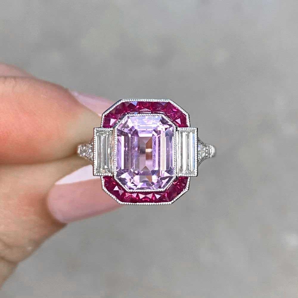 4.18ct Emerald Cut Kunzite Engagement Ring, Ruby Halo, Platinum For Sale 5
