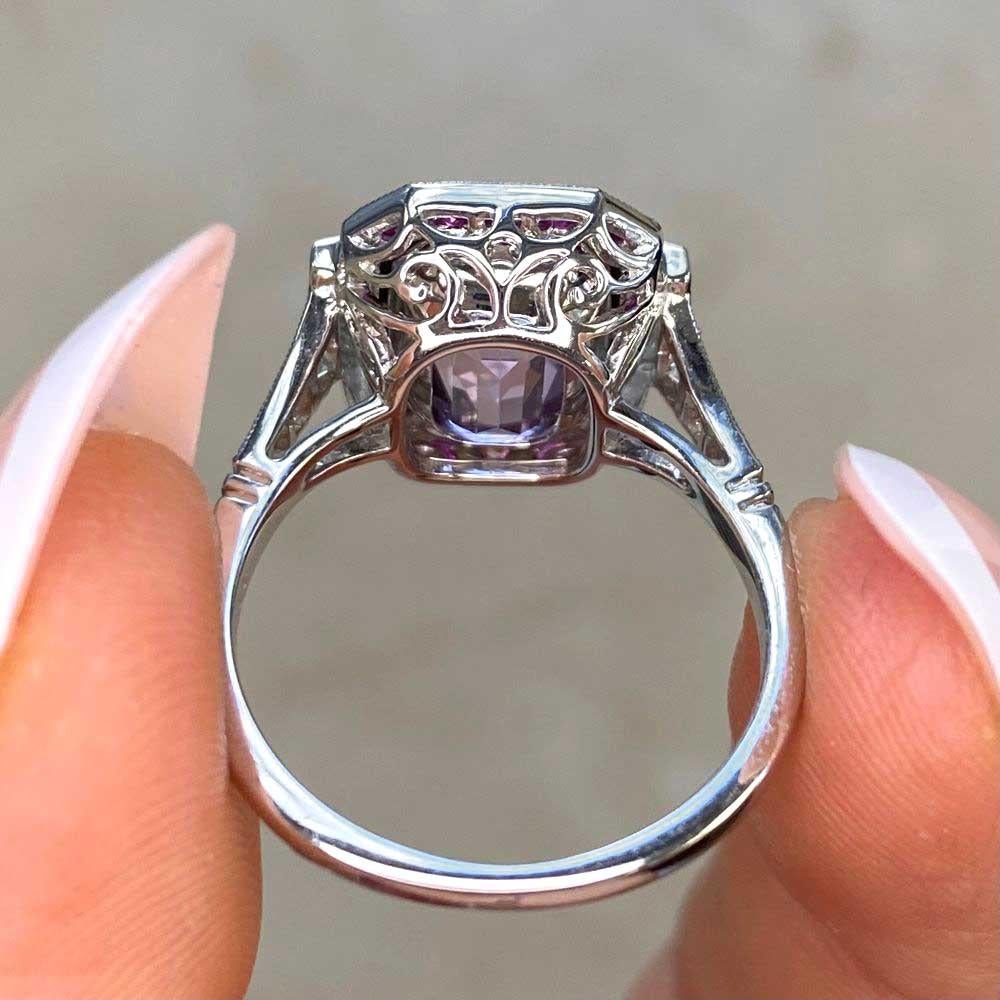 4.18ct Emerald Cut Kunzite Engagement Ring, Ruby Halo, Platinum For Sale 6
