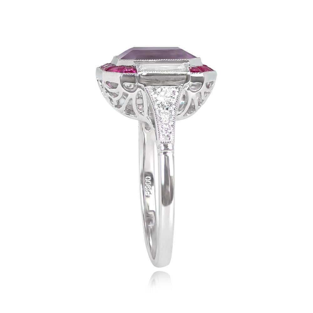 Art Deco 4.18ct Emerald Cut Kunzite Engagement Ring, Ruby Halo, Platinum For Sale