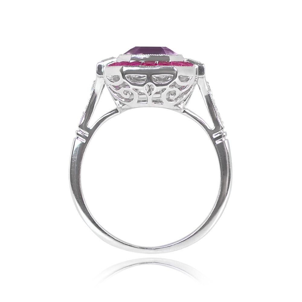 4.18ct Emerald Cut Kunzite Engagement Ring, Ruby Halo, Platinum In Excellent Condition For Sale In New York, NY