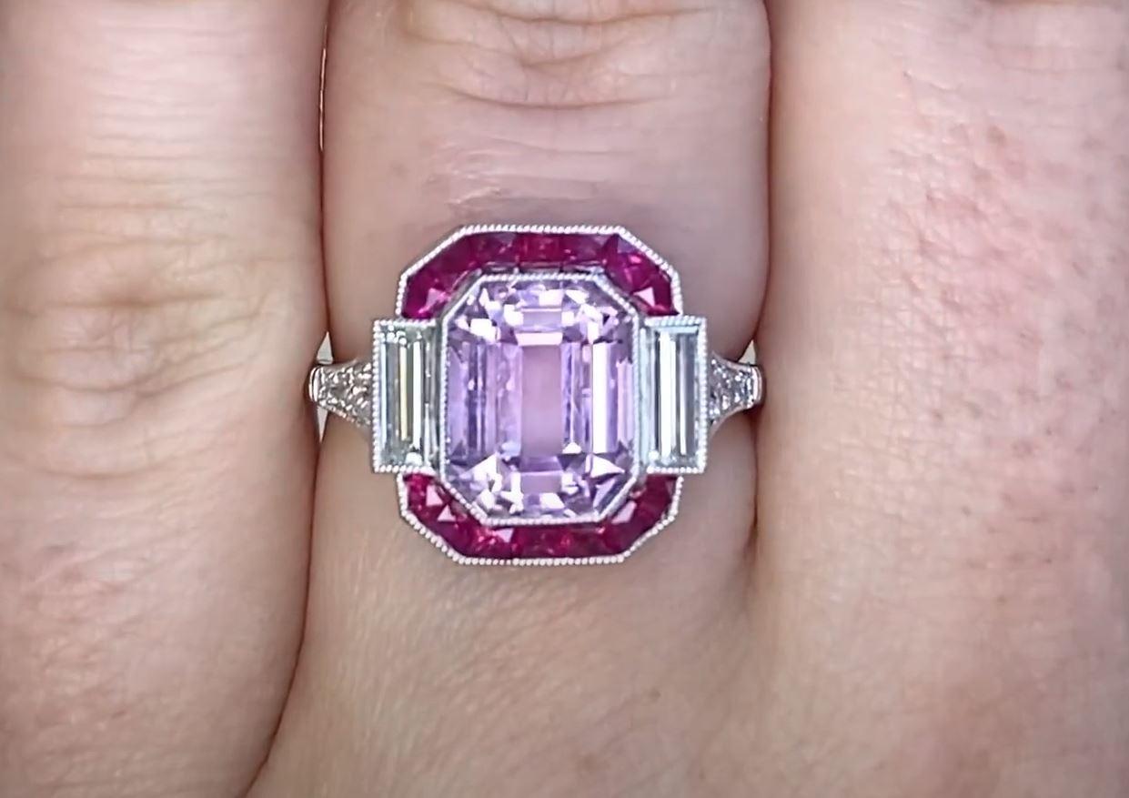 Women's 4.18ct Emerald Cut Kunzite Engagement Ring, Ruby Halo, Platinum For Sale