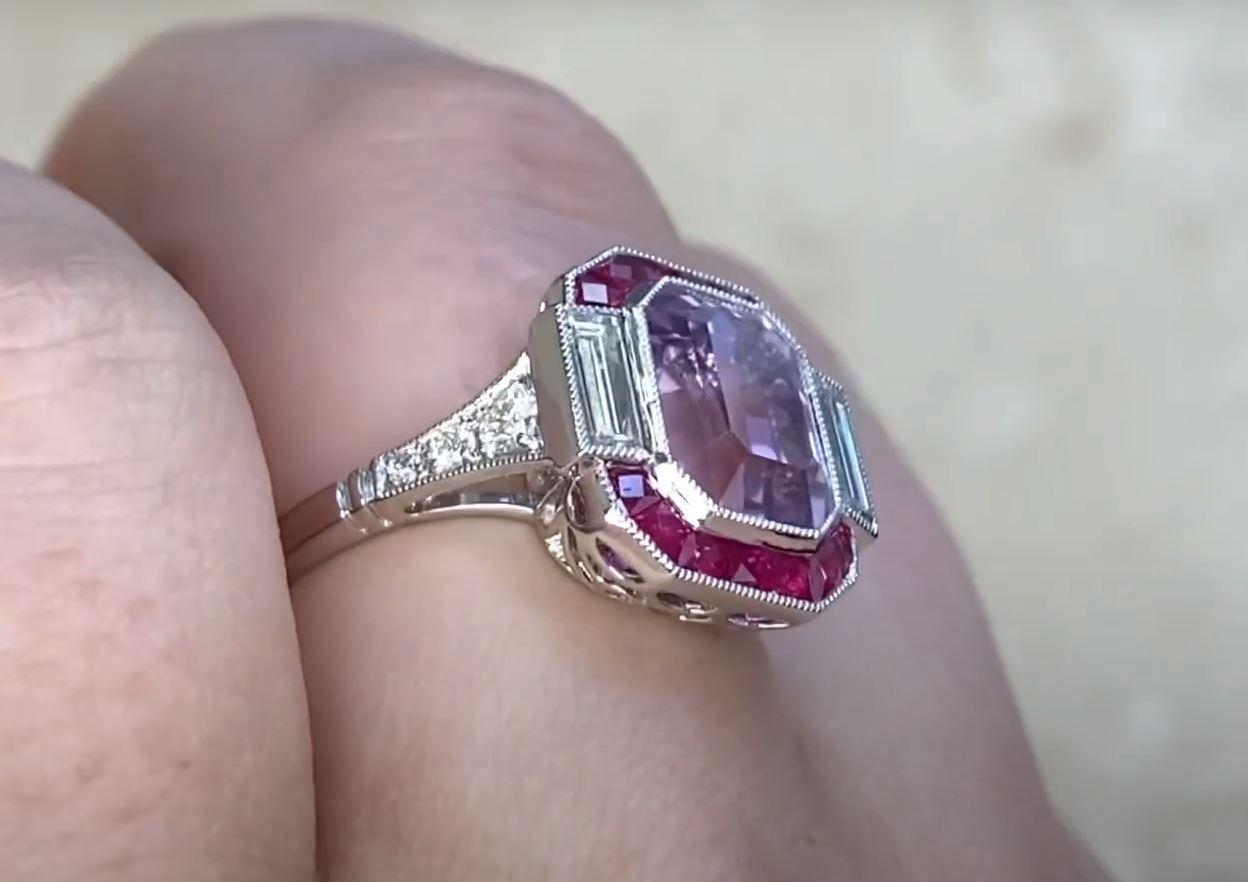 4.18ct Emerald Cut Kunzite Engagement Ring, Ruby Halo, Platinum For Sale 1