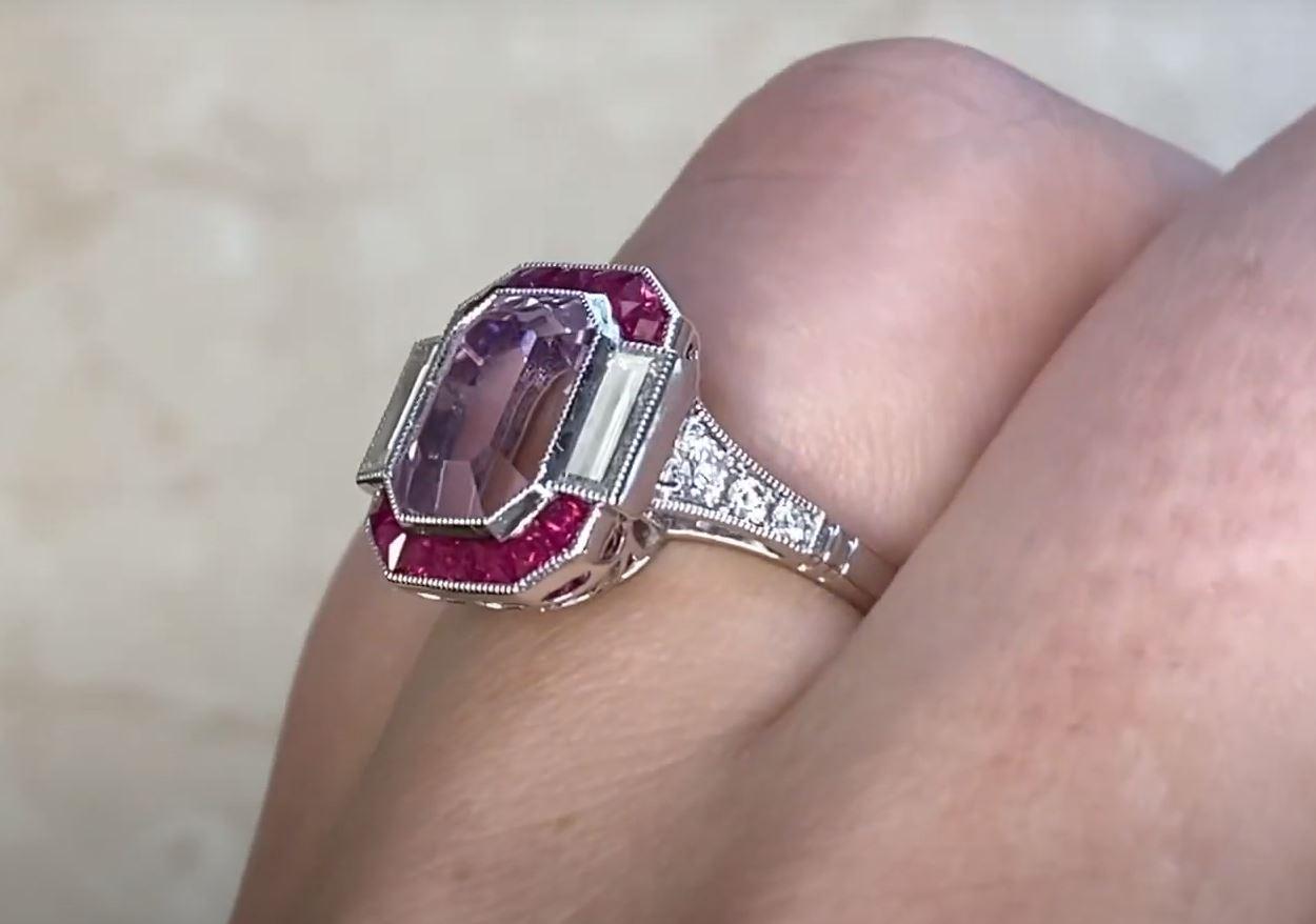 4.18ct Emerald Cut Kunzite Engagement Ring, Ruby Halo, Platinum For Sale 2
