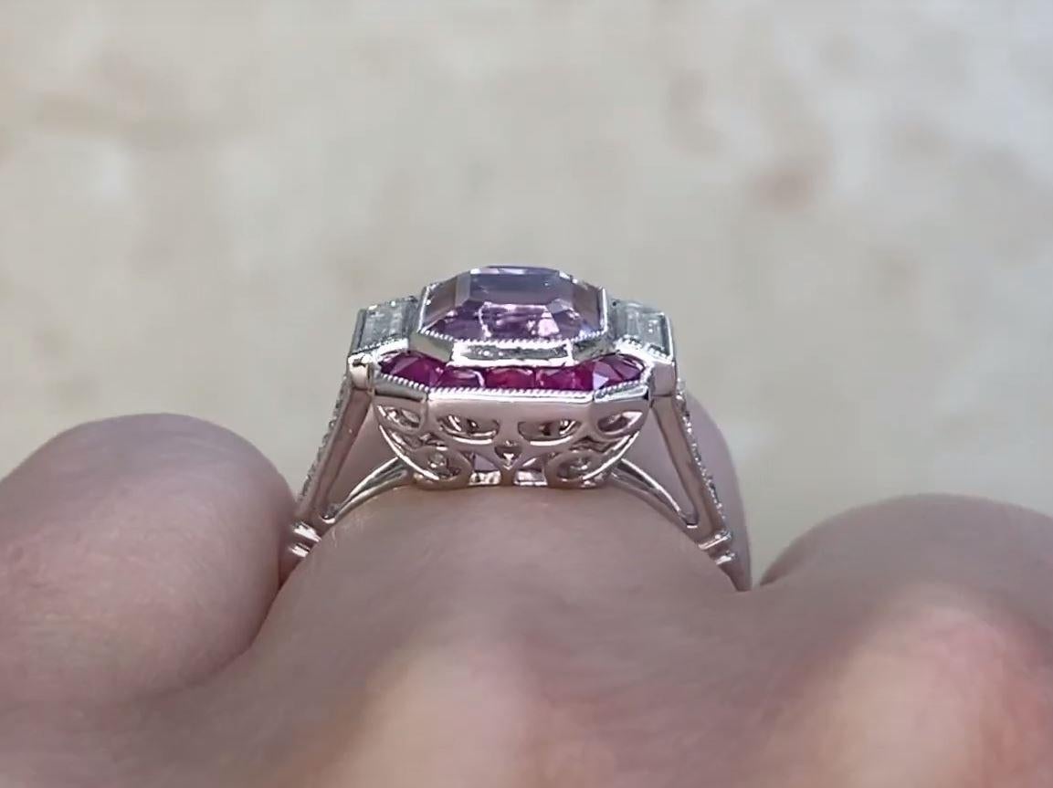 4.18ct Emerald Cut Kunzite Engagement Ring, Ruby Halo, Platinum For Sale 3
