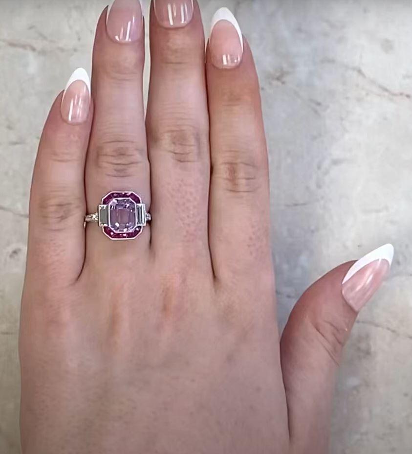 4.18ct Emerald Cut Kunzite Engagement Ring, Ruby Halo, Platinum For Sale 4