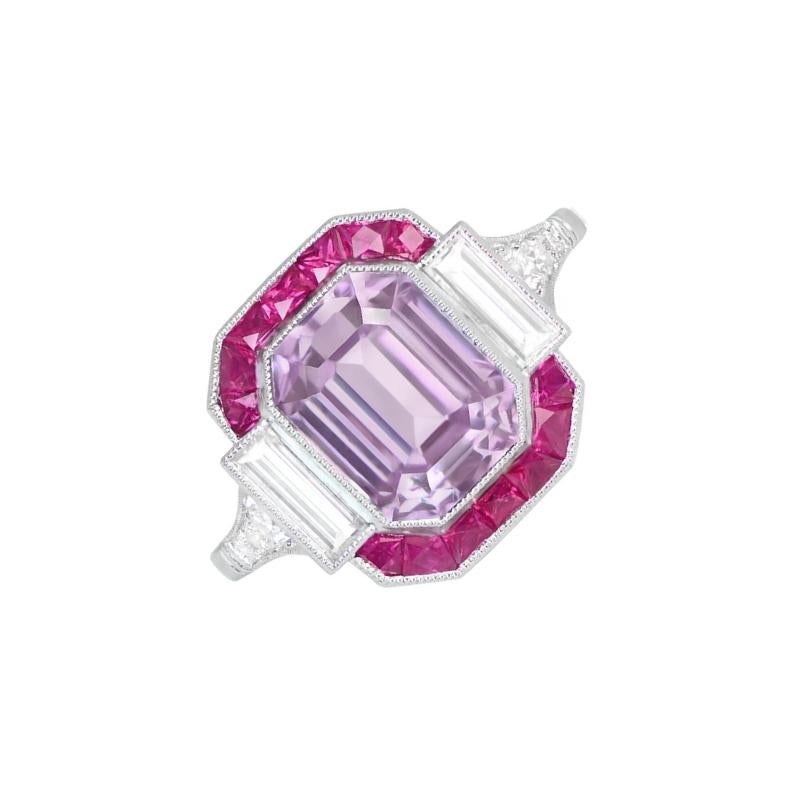 4.18ct Emerald Cut Kunzite Engagement Ring, Ruby Halo, Platinum For Sale