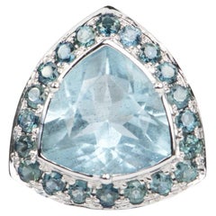 Used 4.18ct Large Moss Aquamarine Montana Sapphire Halo Engagement Ring 9K White Gold