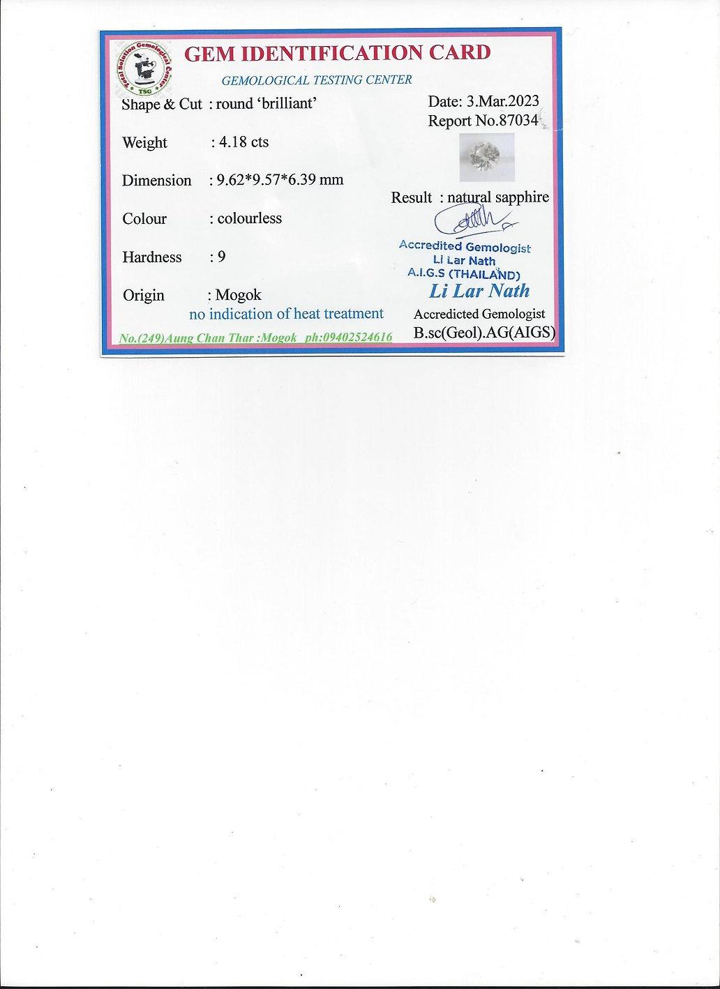 4,18 Karat Natürlicher Unerhitzter Saphir (9,52-9,62x6,39 mm)- IGI zertifiziert im Angebot 2