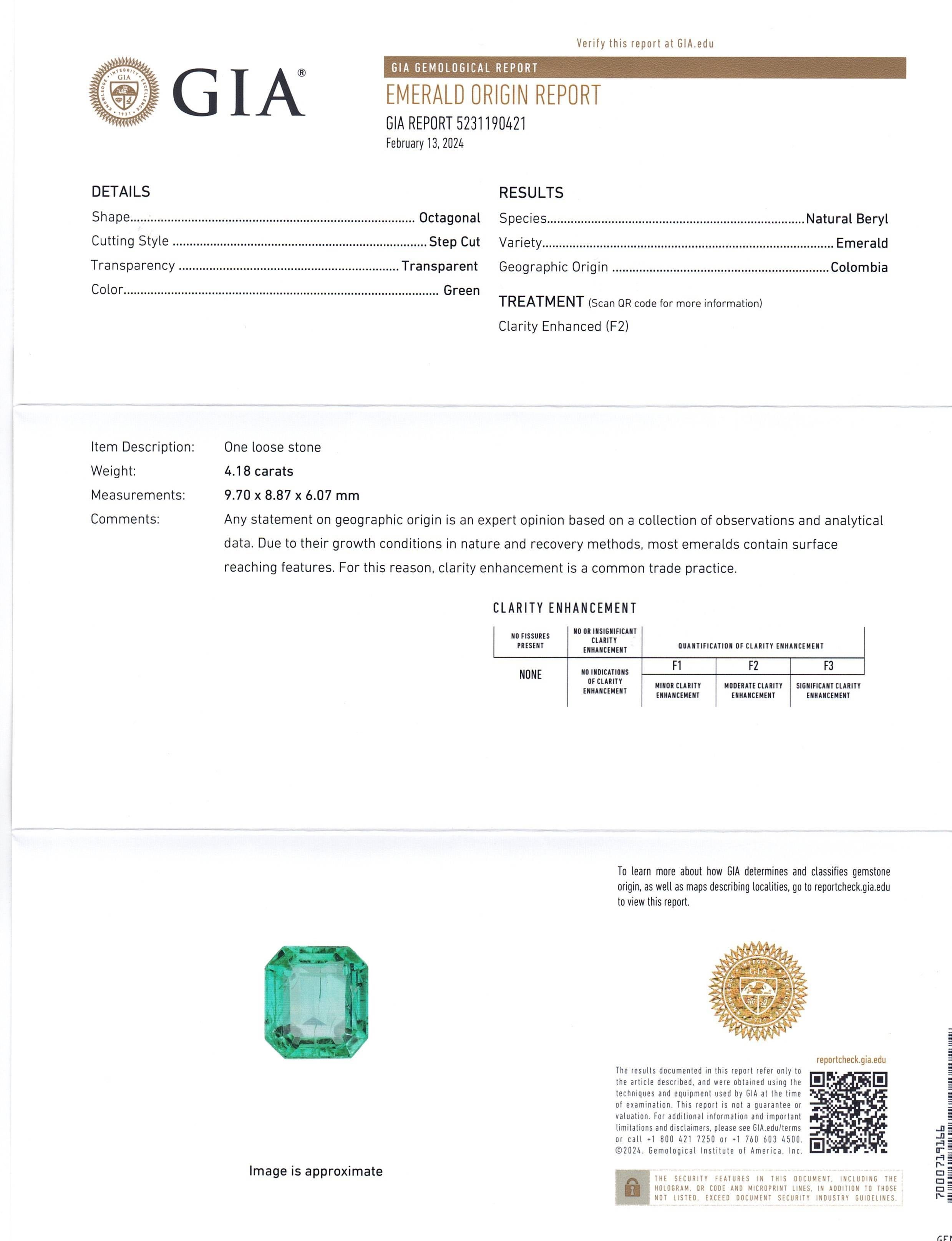 This is a stunning GIA Certified Emerald 


The GIA report reads as follows:

GIA Report Number: 5231190421
Shape: Octagonal
Cutting Style: Step Cut
Cutting Style: Crown: 
Cutting Style: Pavilion: 
Transparency: Transparent
Colour: