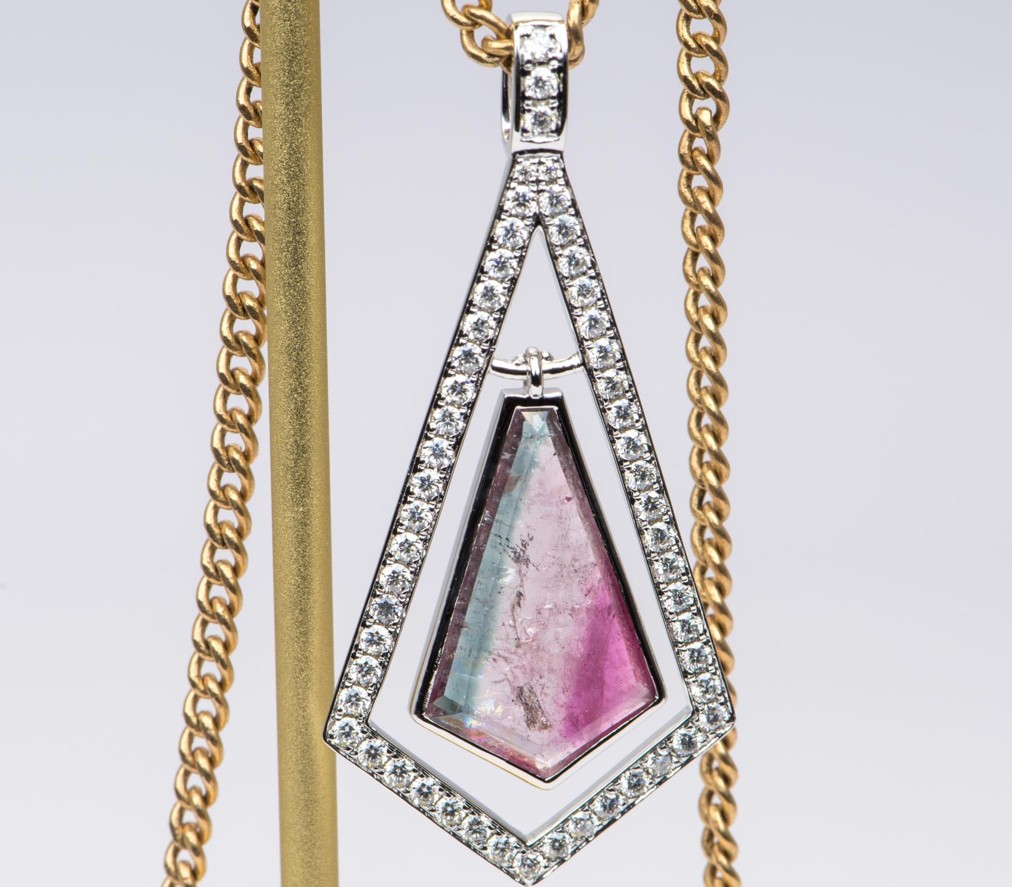 â™¥  This pendant has a stunning shield shape bi-color tourmaline pendant, a beautiful moissanite halo frames the center stone and highlights it's uniqueness
â™¥  The center Tourmaline is not fixed so it has movement
â™¥  This listing is for the