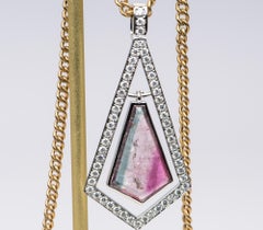 4.18ct Shield Shape Bi-Color Tourmaline 14K White Gold Pendant AD2376