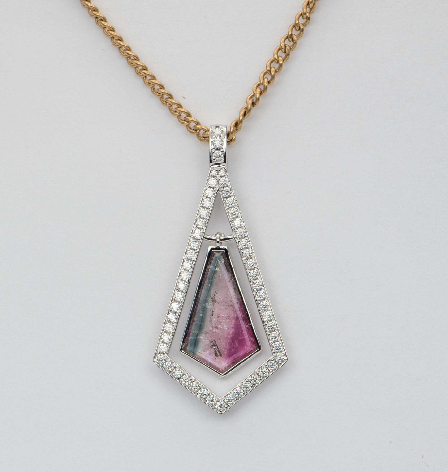 4.18ct Shield Shape Bi-Color Tourmaline 14K White Gold Pendant AD2376 In New Condition For Sale In Osprey, FL