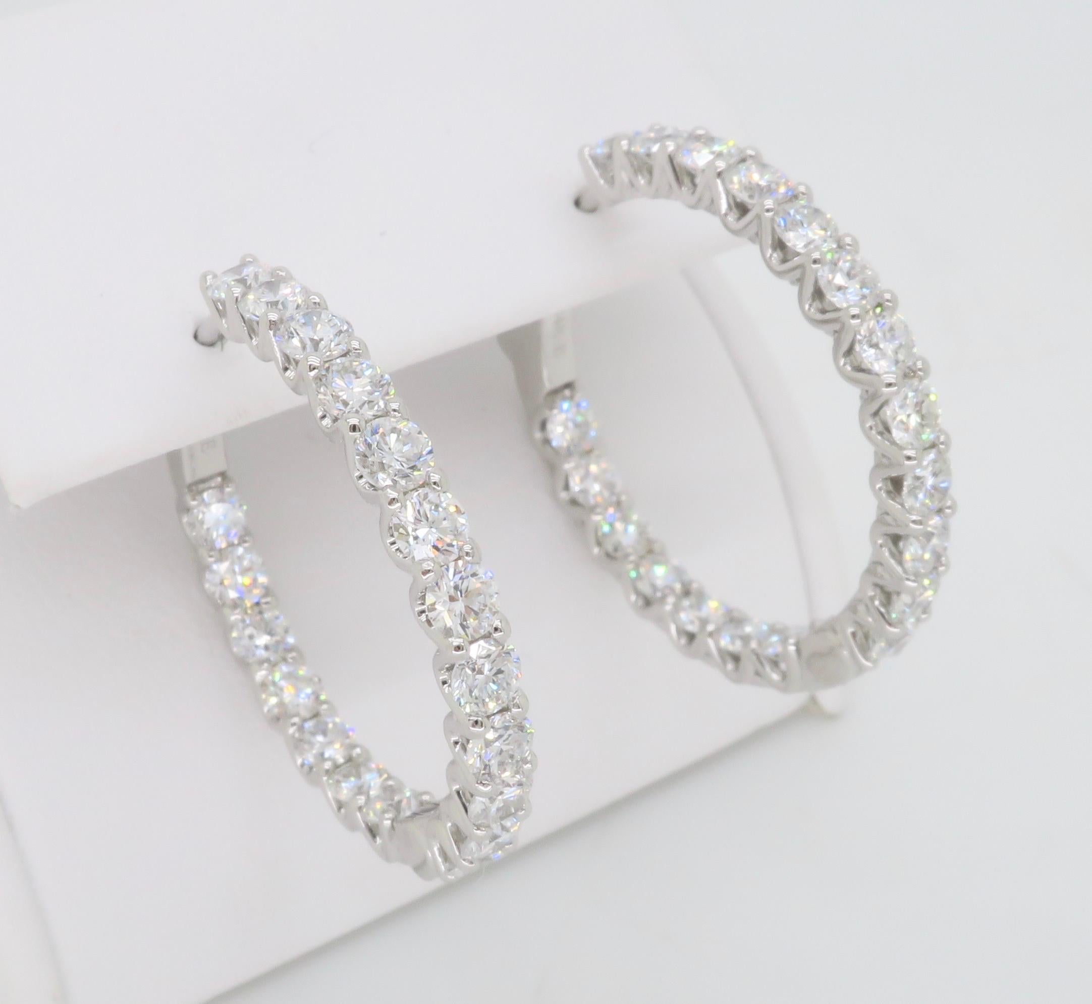 4.18CTW Inside Out Diamond Hoop Earrings in 14k White Gold  In New Condition In Webster, NY