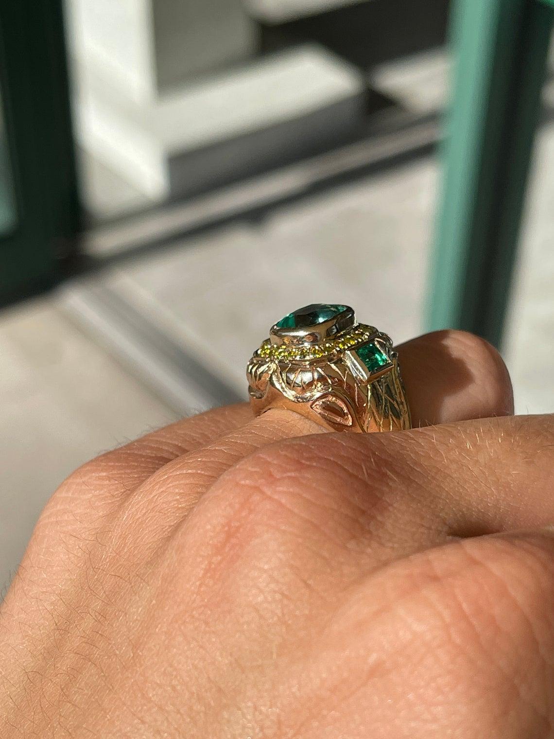 4.18tcw 14K Colombian Emerald Cushion Cut & Yellow Diamond Accent Statement Ring In New Condition For Sale In Jupiter, FL