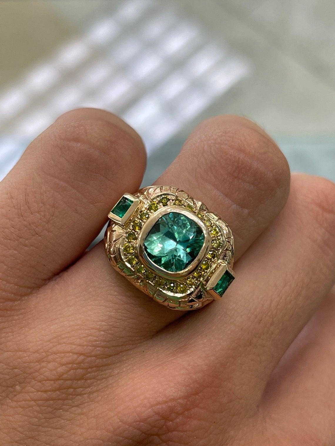 4.18tcw 14K Colombian Emerald Cushion Cut & Yellow Diamond Accent Statement Ring For Sale 1