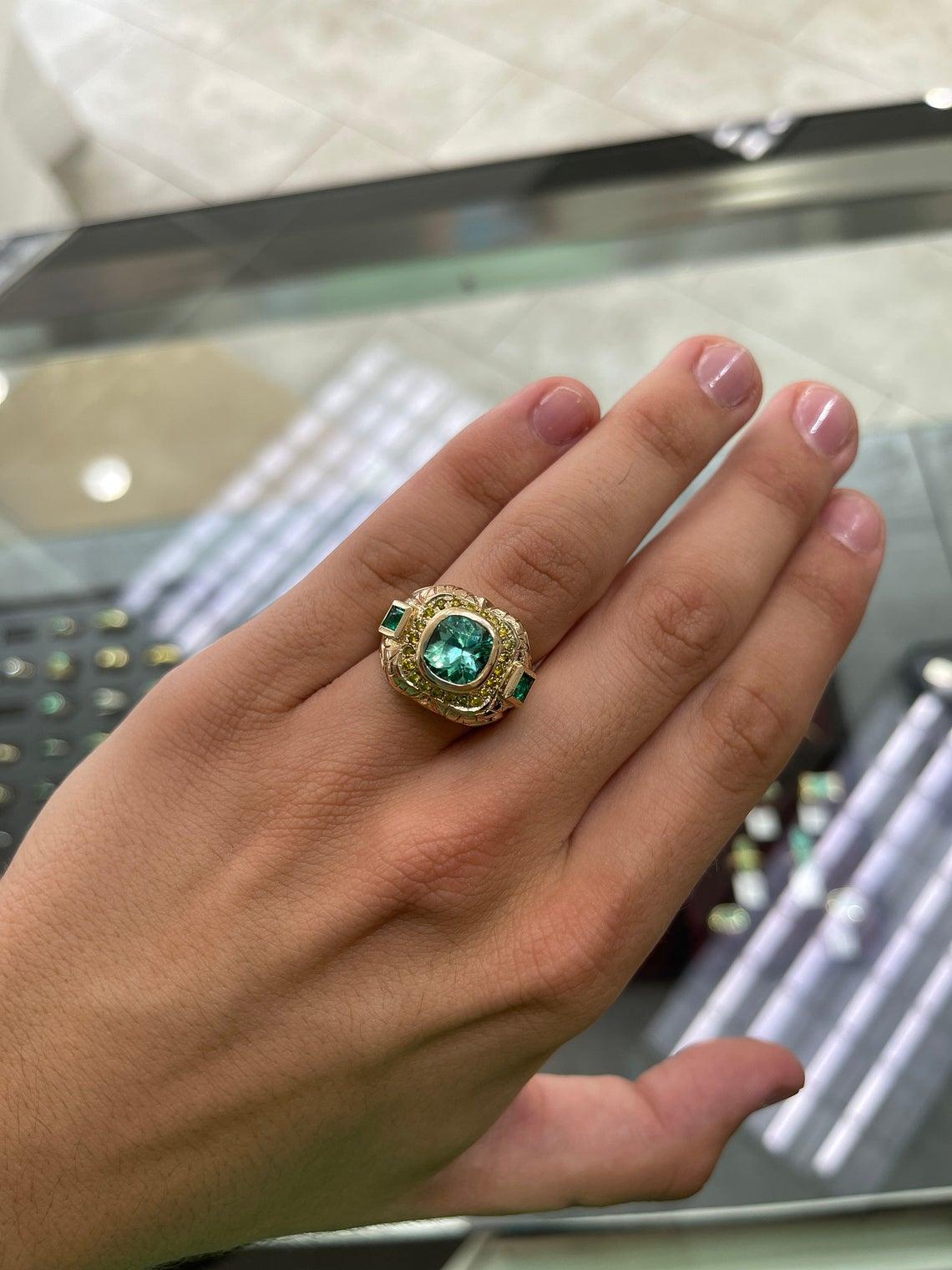 4.18tcw 14K kolumbianischer Smaragd im Kissenschliff & gelber Diamant Akzent Statement-Ring 3