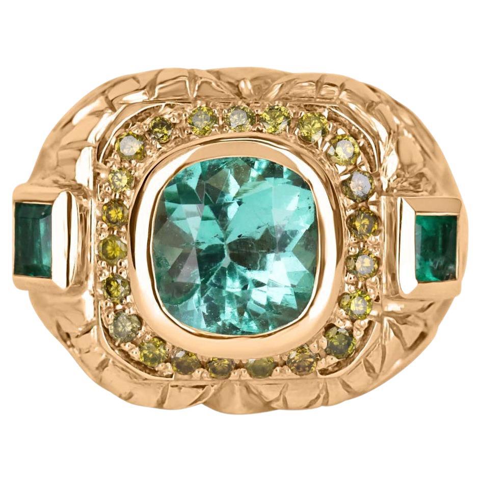 4.18tcw 14K Colombian Emerald Cushion Cut & Yellow Diamond Accent Statement Ring