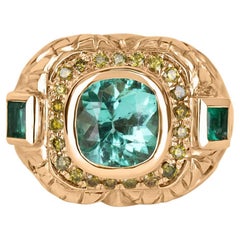 4.18tcw 14K Colombian Emerald Cushion Cut & Yellow Diamond Accent Statement Ring