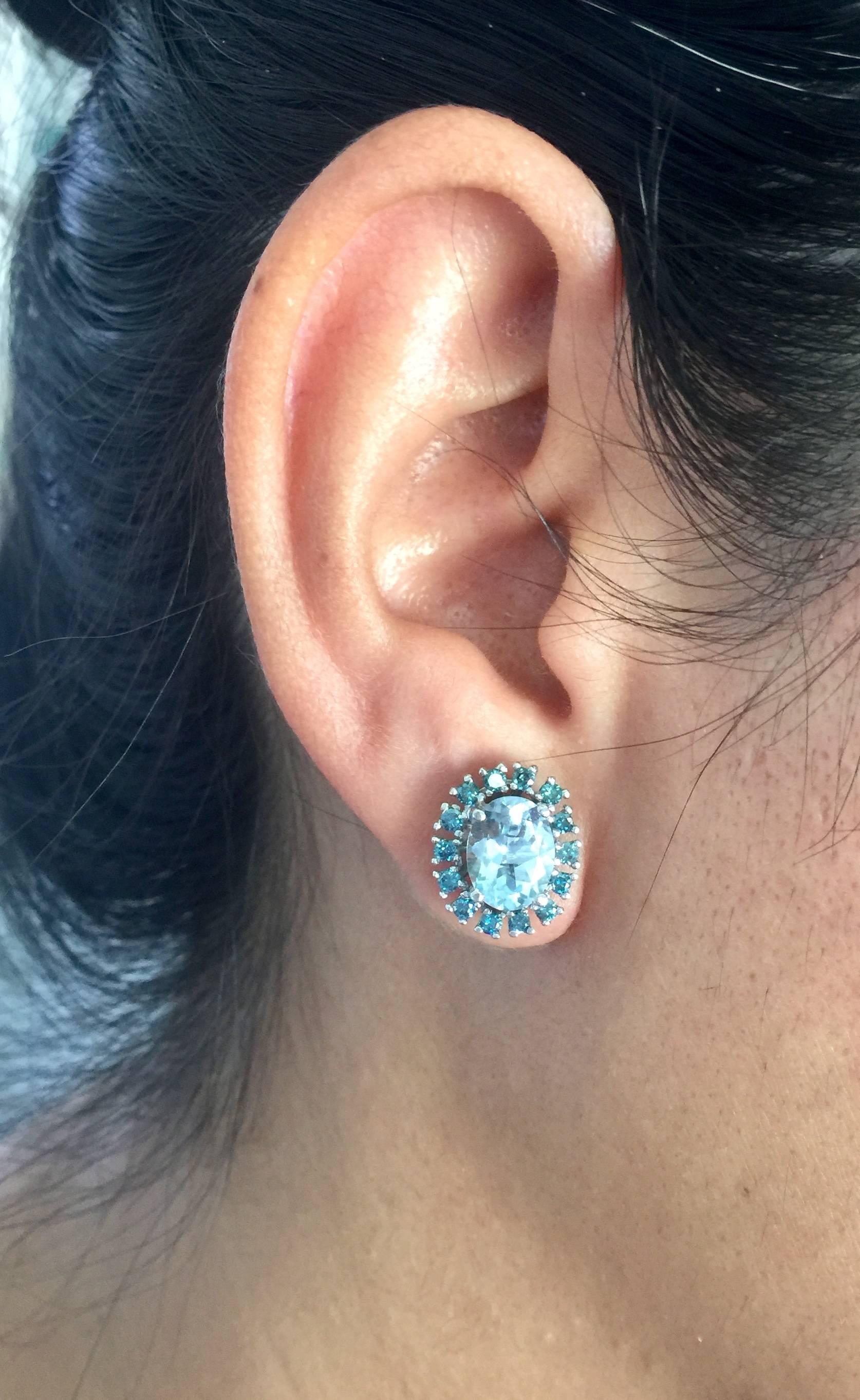 Oval Cut 4.19 Carat Aquamarine and Blue Diamond White Gold Stud Earrings