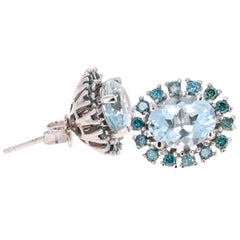 4.19 Carat Aquamarine and Blue Diamond White Gold Stud Earrings