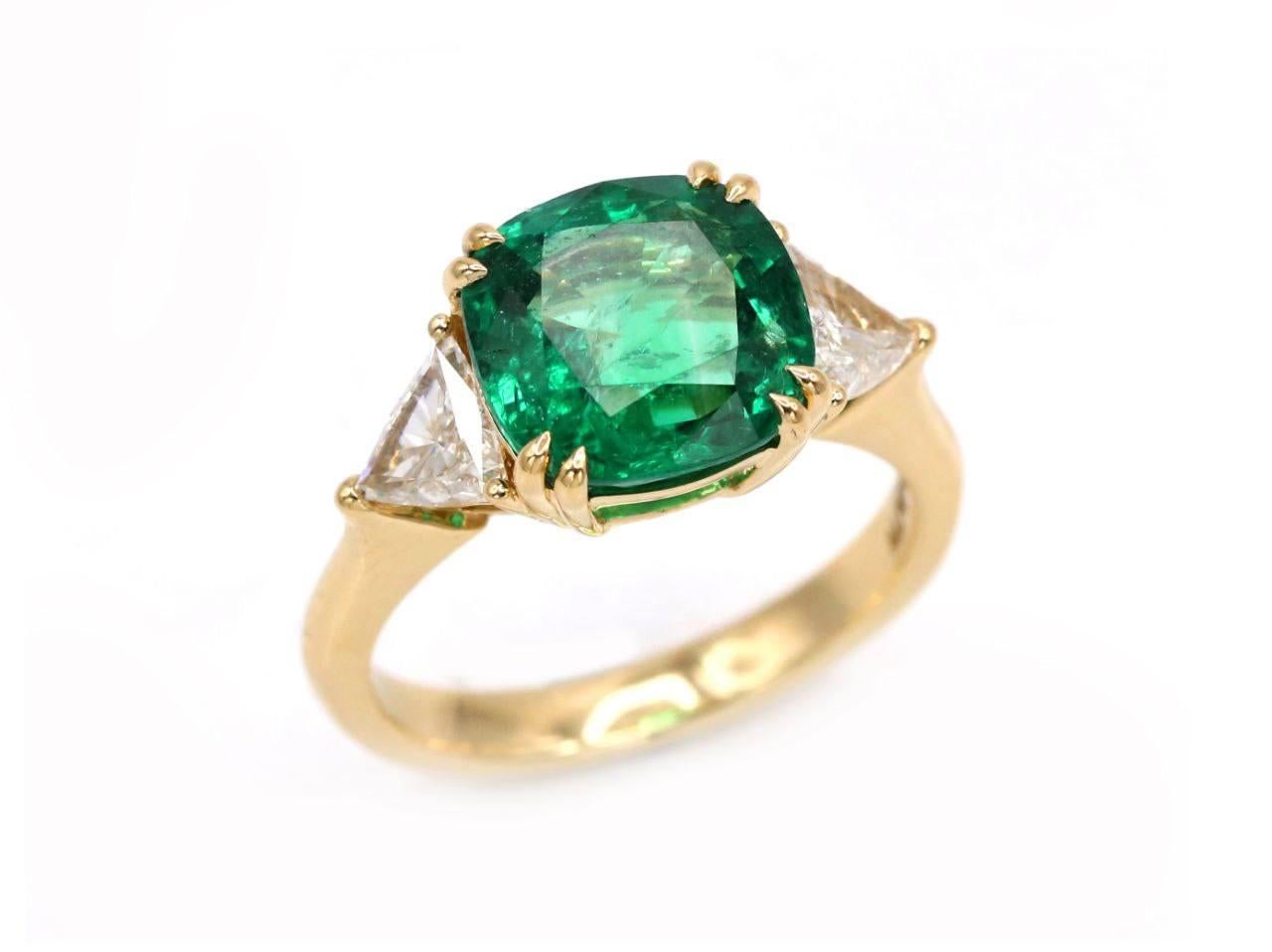 Emerald Cut Certified 4.19 Carat Emerald Diamond 18K Yellow Gold Cocktail Ring For Sale