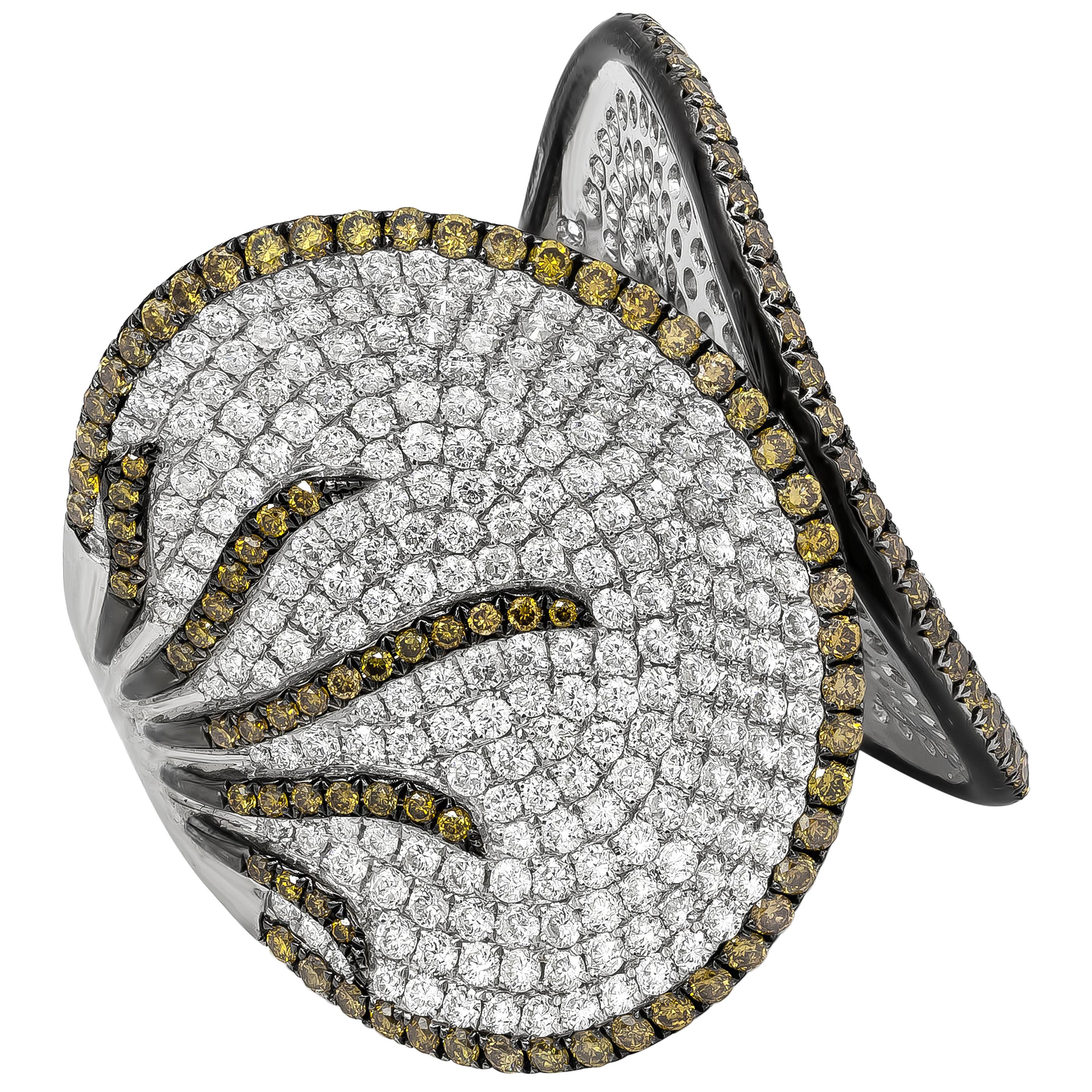 Bague à la mode large en diamants blancs et diamants ronds de couleur fantaisie de 4,19 carats au total