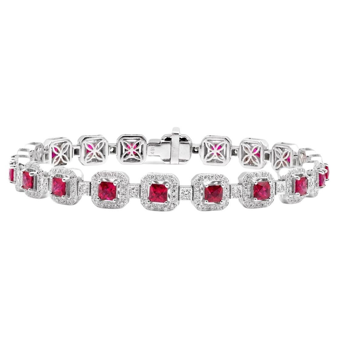 4.19 Carat Natural Rubies Diamond 18K White Gold Bracelet, Genuine Ruby
