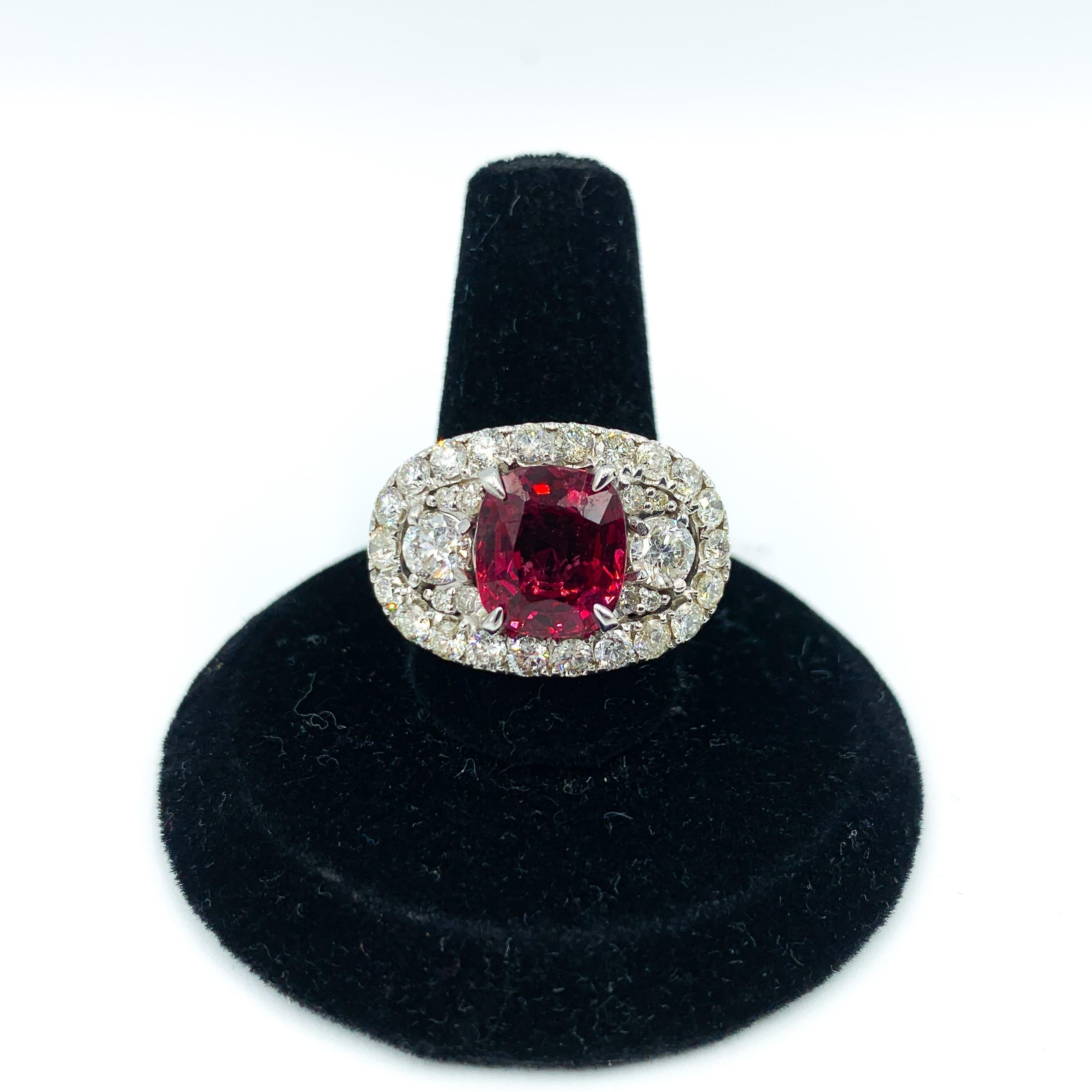 Cushion Cut 4.19 Carat Raspberry Red Spinel Ring