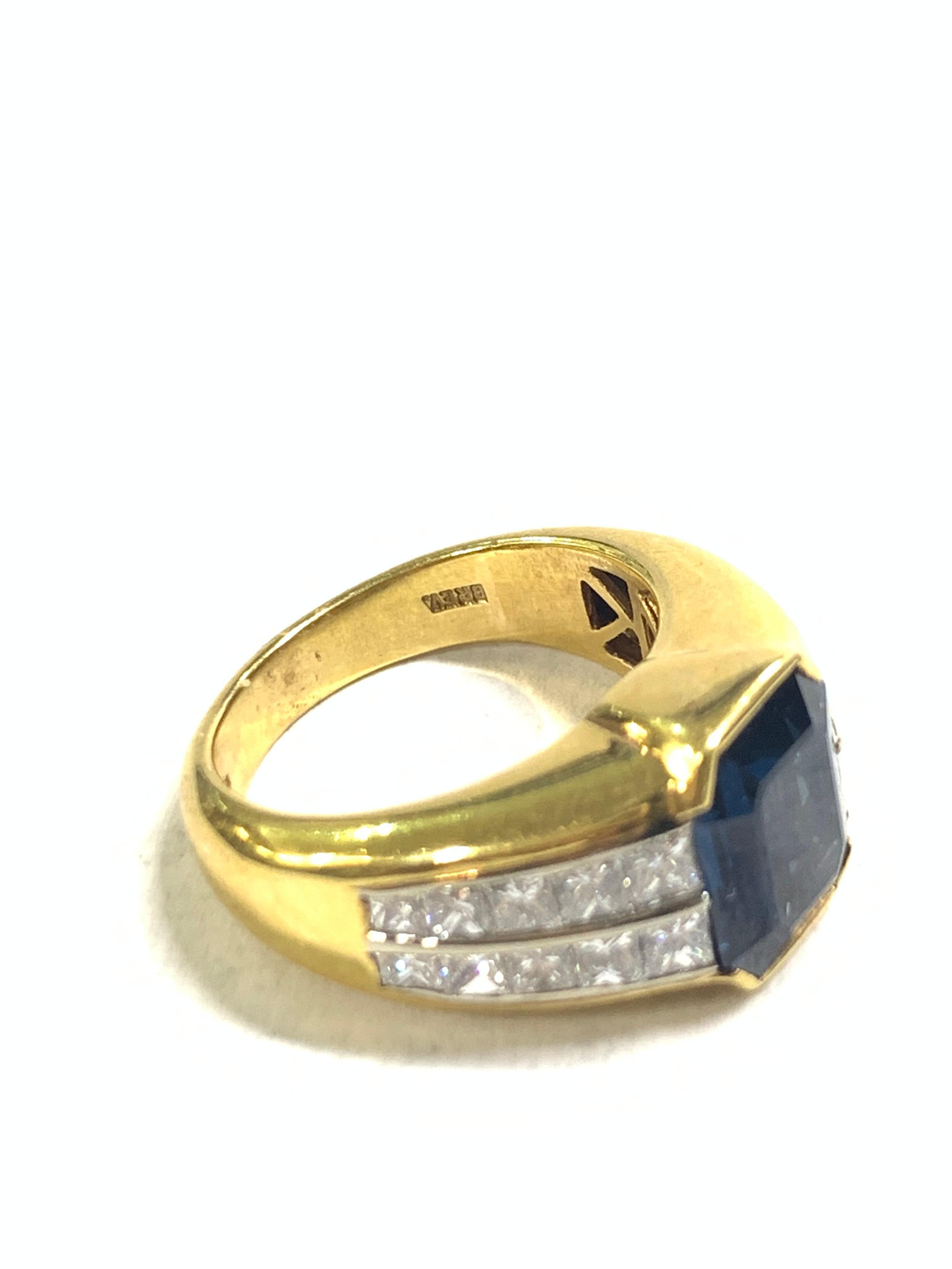 Beautiful 4.19 Carat Sapphire and Princess Cut Statement Ring 

Stones: Blue Sapphire 
Stone Shape: Emerald Cut  
Top Ring Width: 10MMx8MM
Stone Weight: 4.19 Carat
Stones: Diamond
Stone Clarity: VS Clarity
Stone Carat Weight: 1.52 Carat
Material: