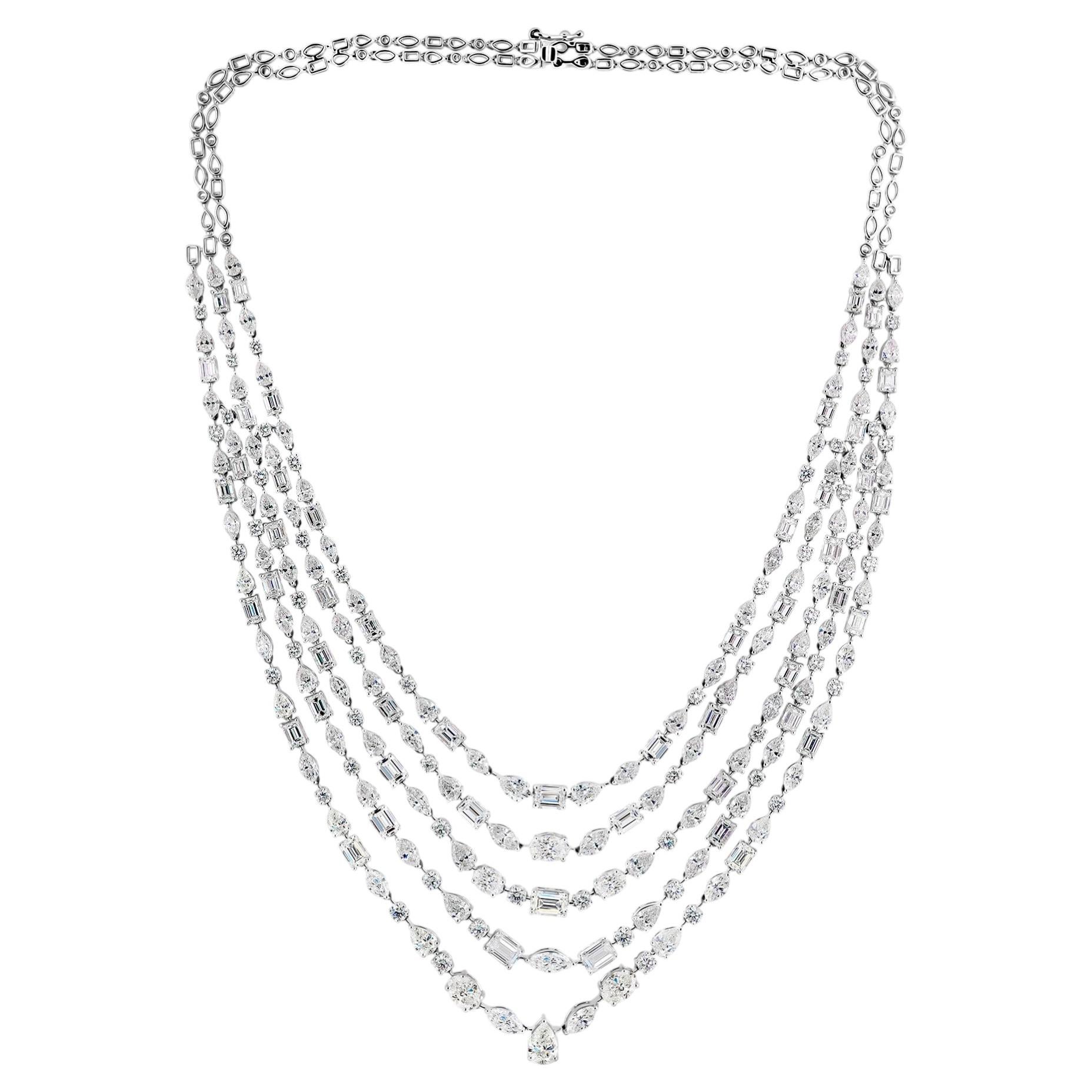 Collar de cinco hileras con diamantes naturales SI/H de 41,91 quilates, joya de oro blanco de 18 quilates