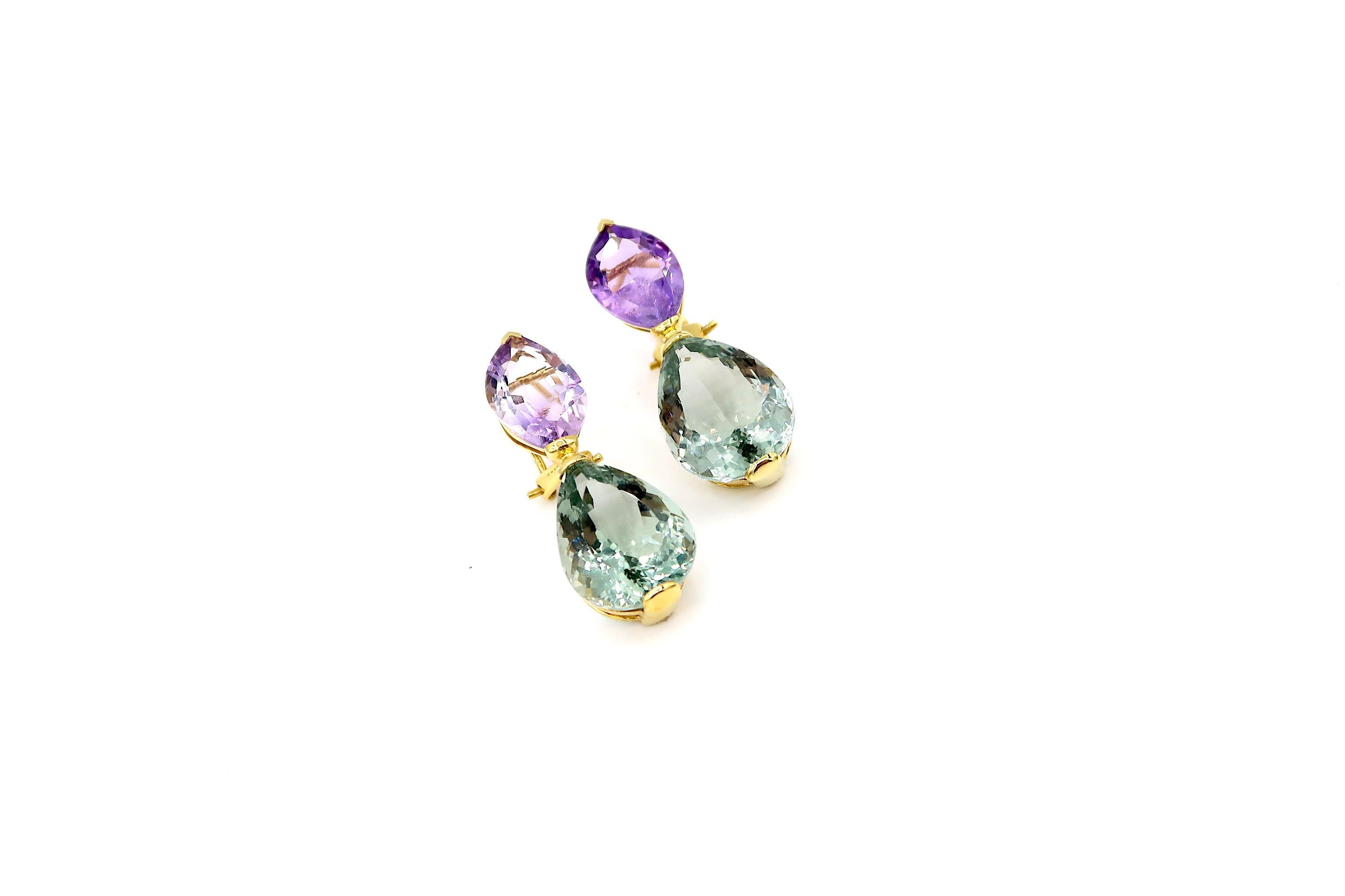 41.95 Karat lila und grüne Amethyst-Tropfenohrringe aus 18 Karat Gelbgold

Violetter Amethyst: 10,35 ct
Grüner Amethyst: 31,60 ct
Gold: 18K Gelbgold, 10,44 g